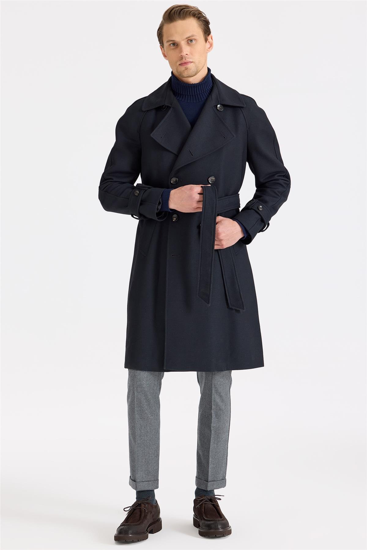 Lacivert Kruvaze Yün Teknik Palto