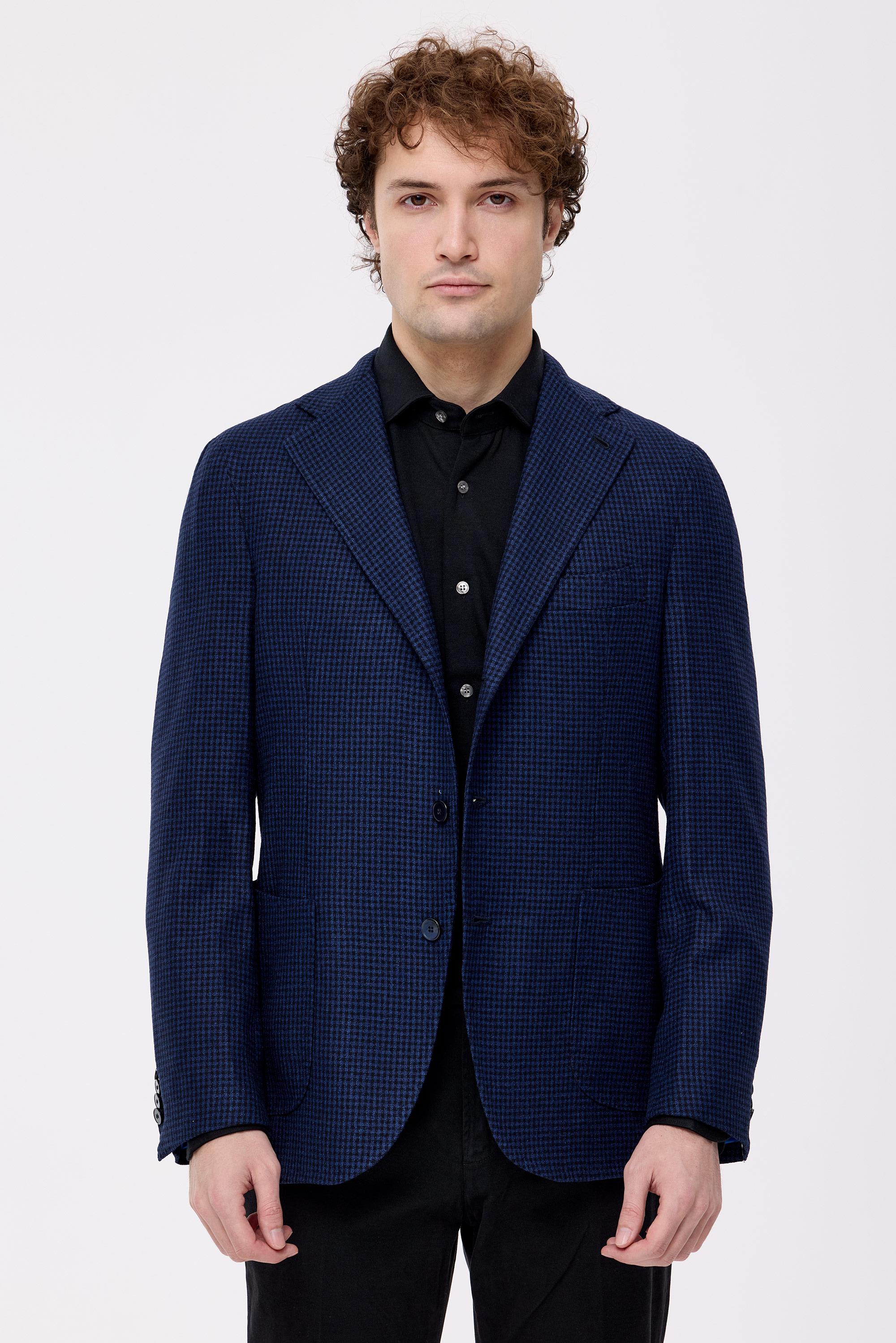 Lacivert Mavi Kareli Yün Kaşmir Ceket