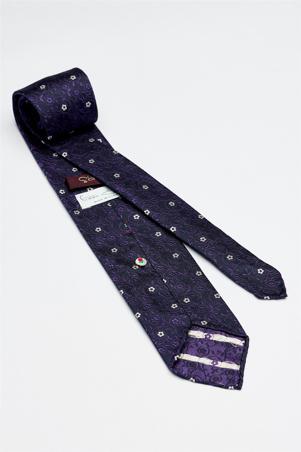 Lacivert Mor Beyaz Çiçek Desenli Astarsız İpek Kravat