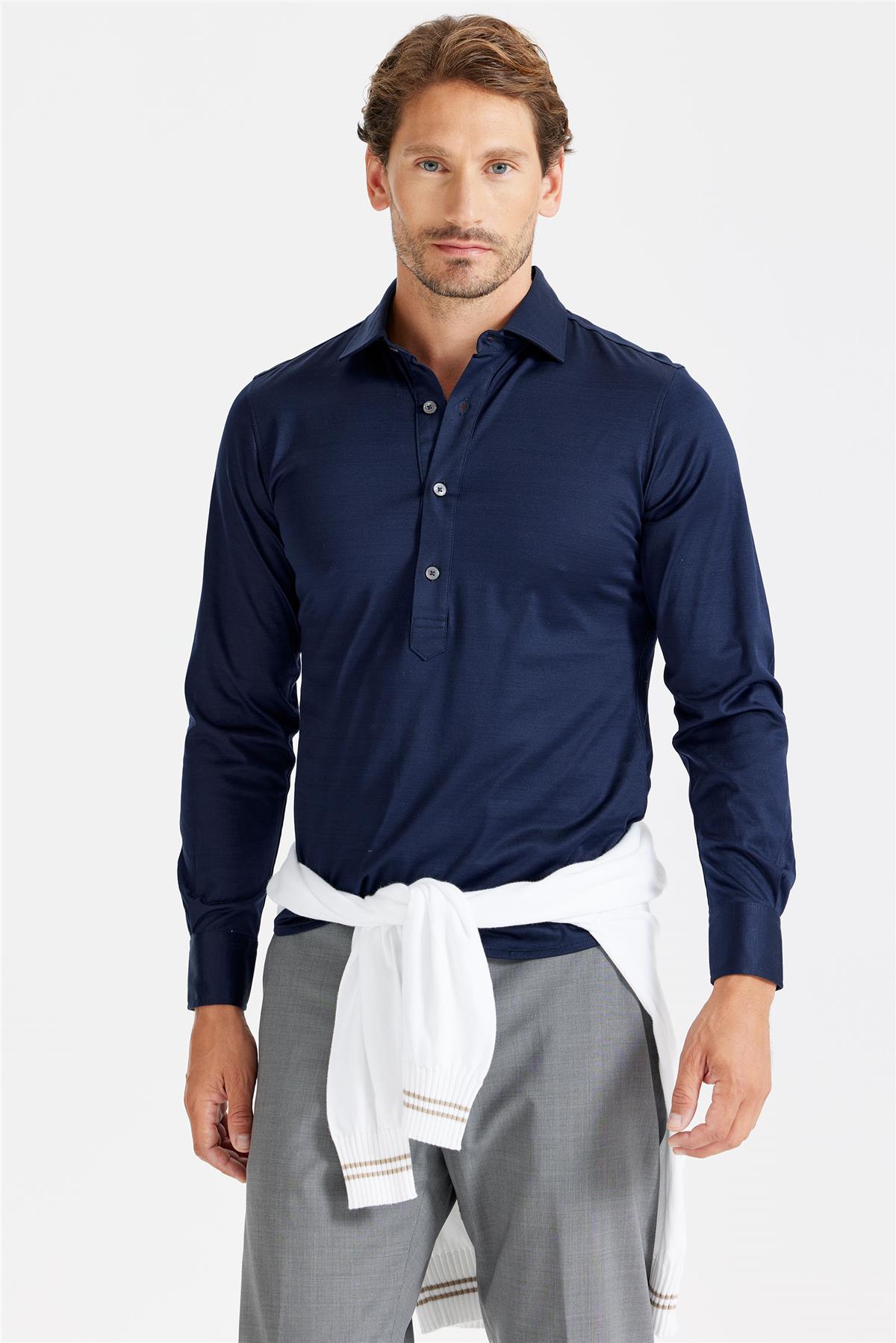 Lacivert Pamuk Merserize Gömlek