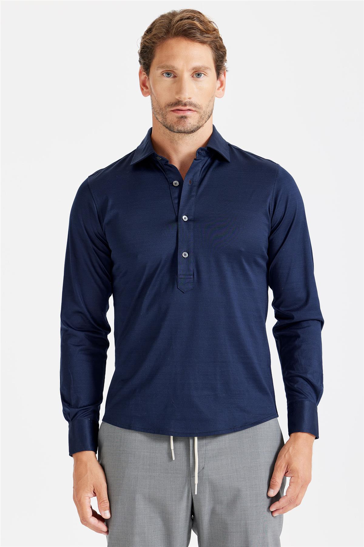 Lacivert Pamuk Merserize Gömlek