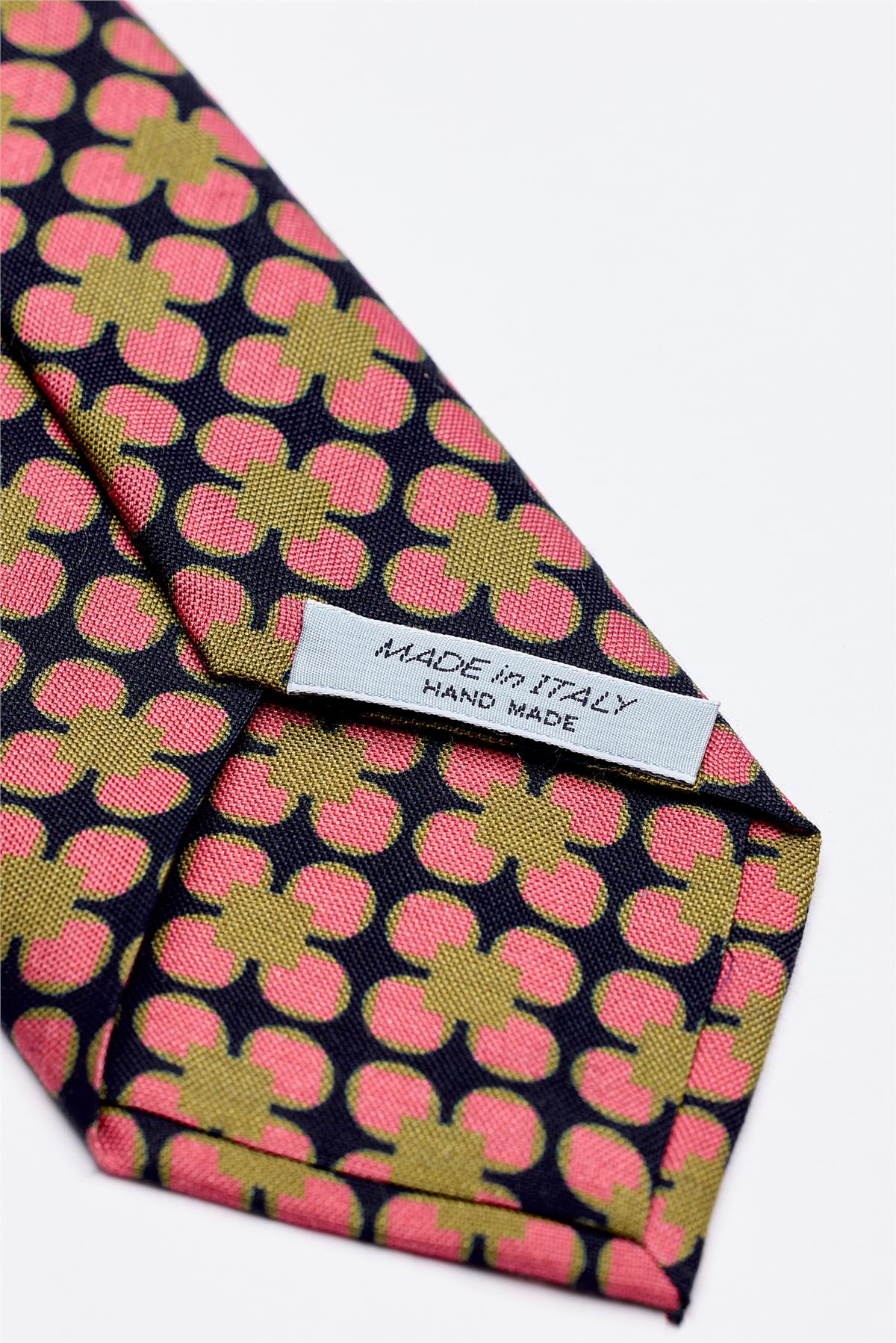 Lacivert Pembe Yeşil Desenli 7 Fold İpek Kravat