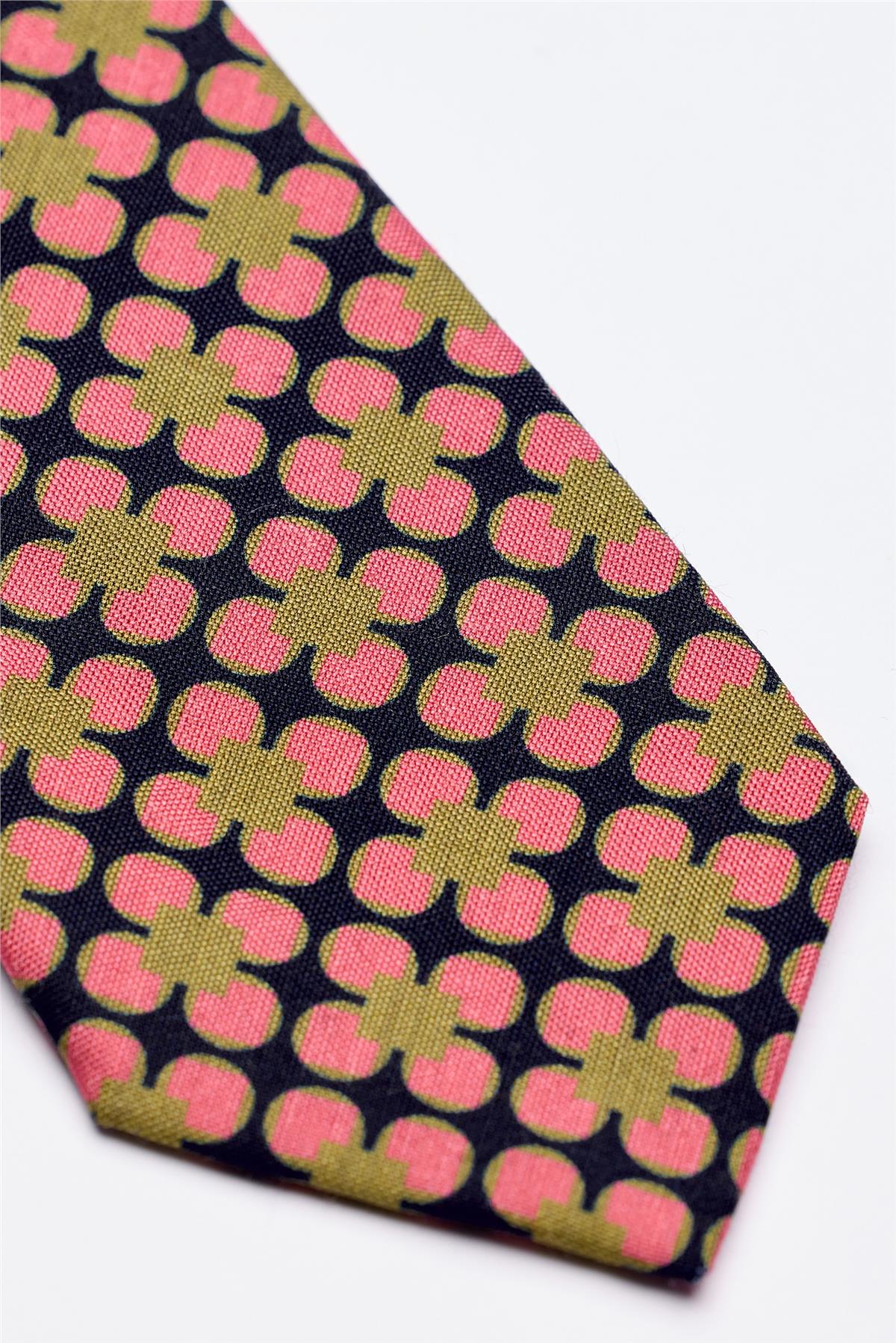 Lacivert Pembe Yeşil Desenli 7 Fold İpek Kravat