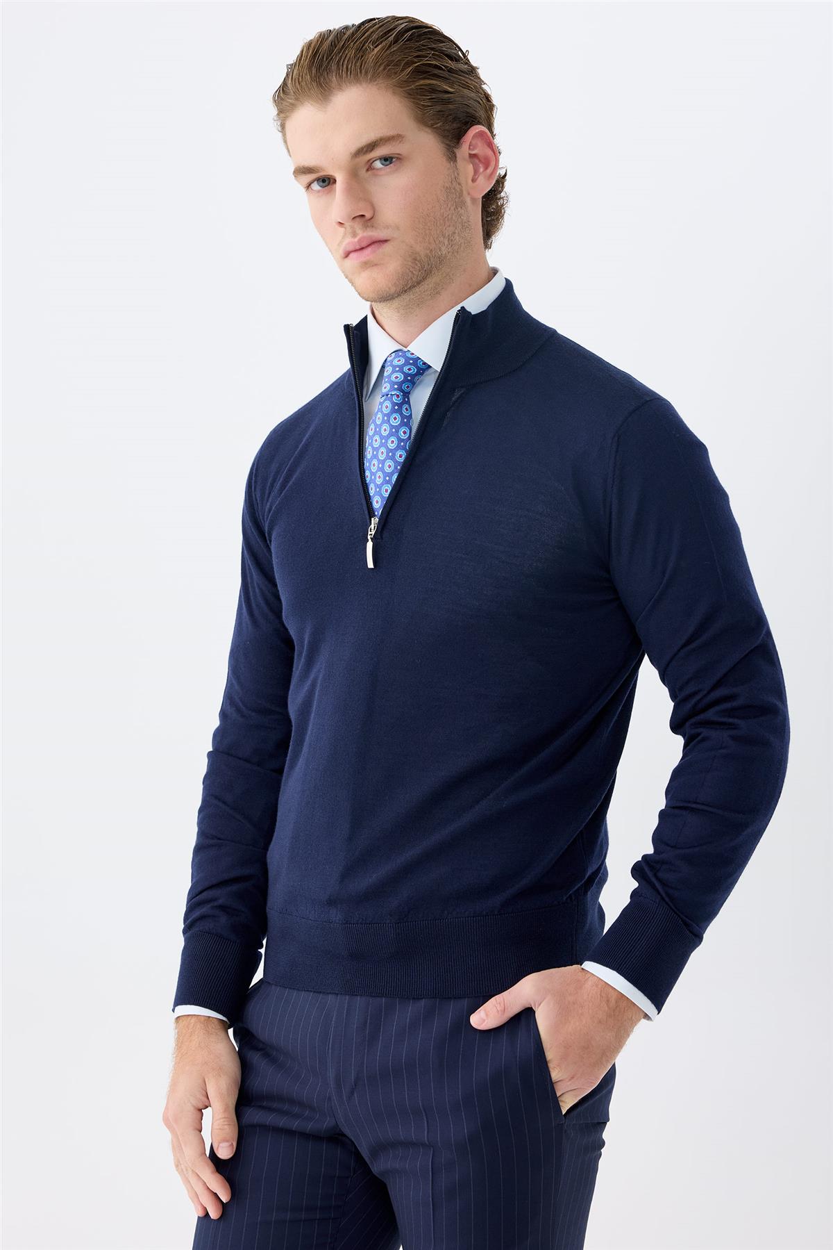 Lacivert Trio Yaka Yün İpek Kaşmir Triko