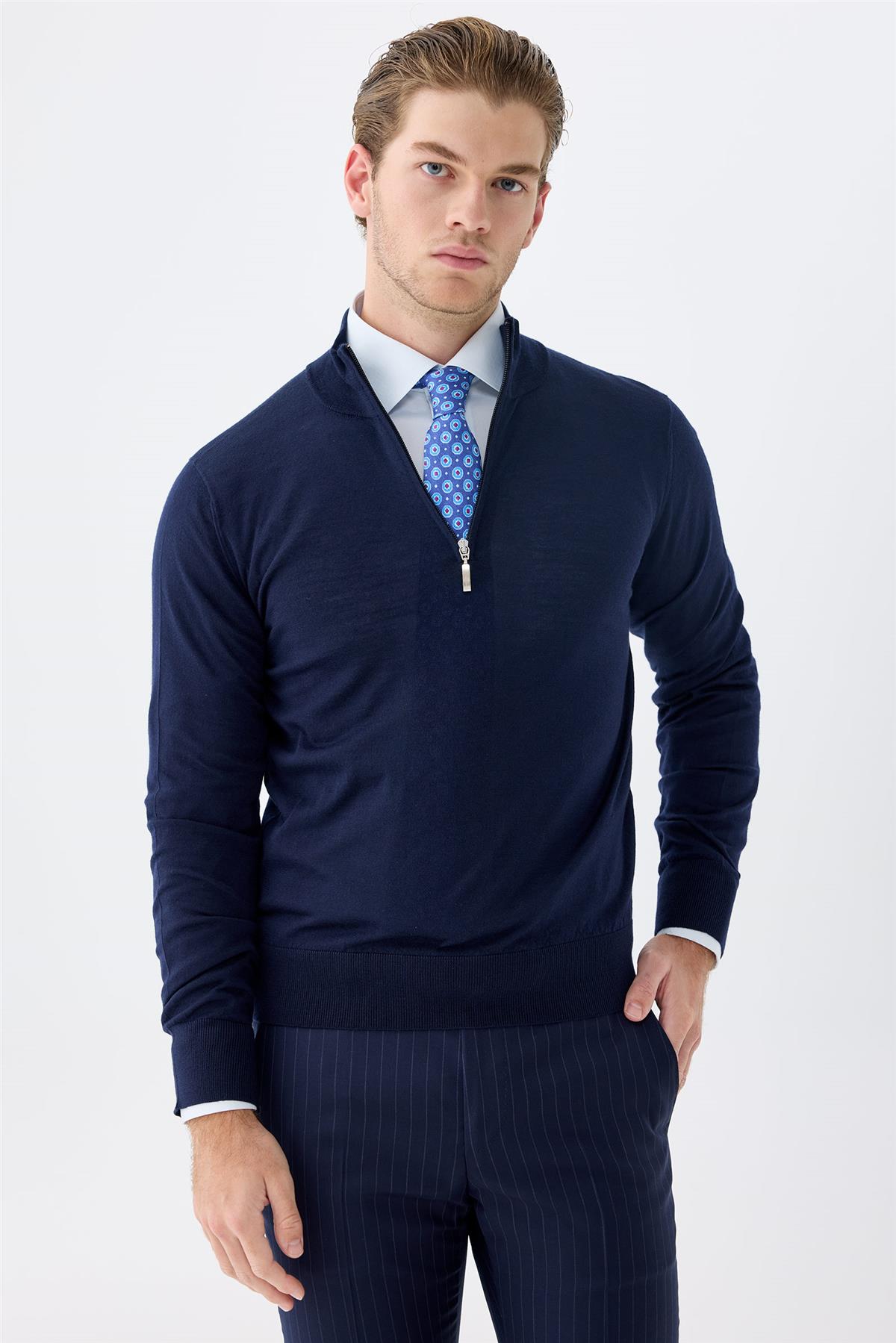 Lacivert Trio Yaka Yün İpek Kaşmir Triko