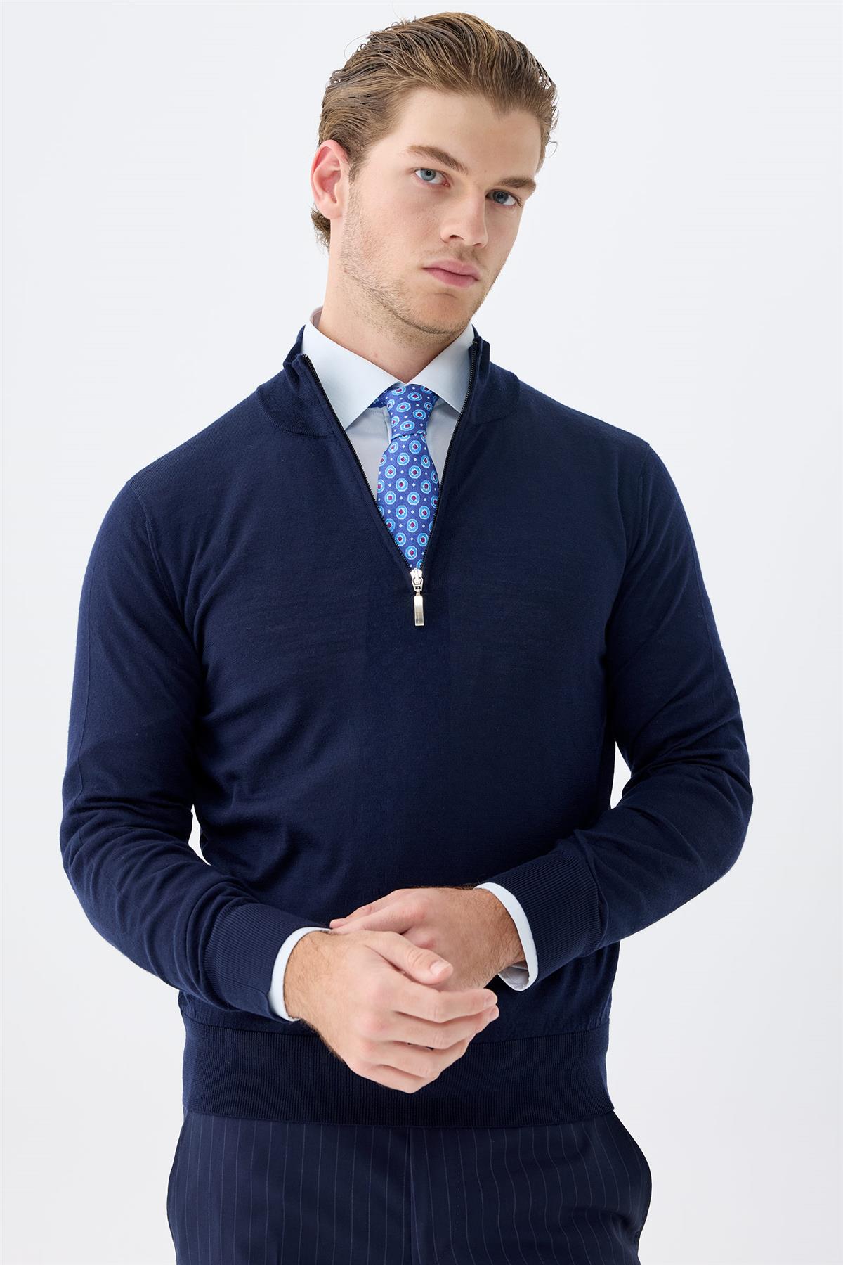 Lacivert Trio Yaka Yün İpek Kaşmir Triko