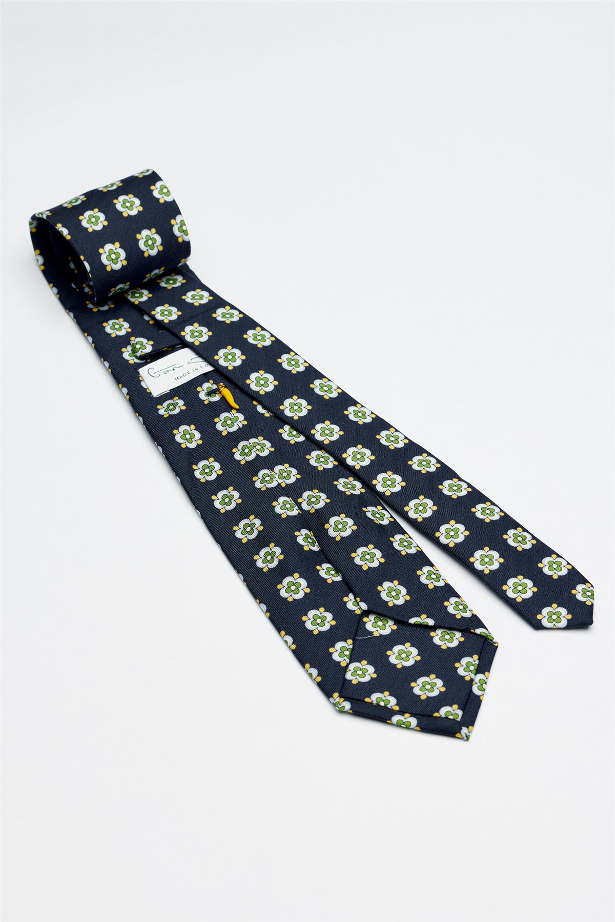 Lacivert Yeşil Desenli Seven Fold İpek Kravat