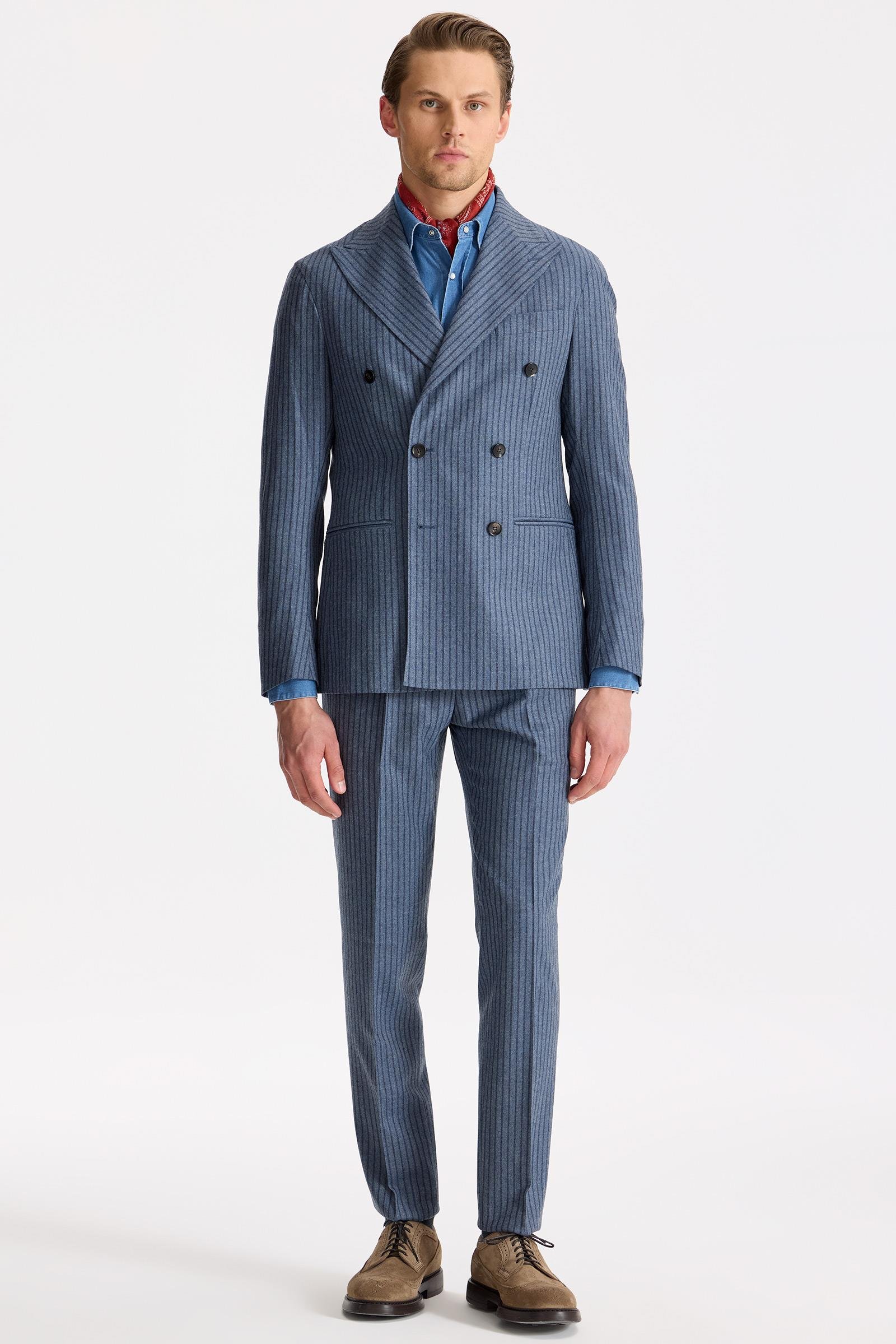 Mavi Çizgili Kruvaze Yün Takım Elbise