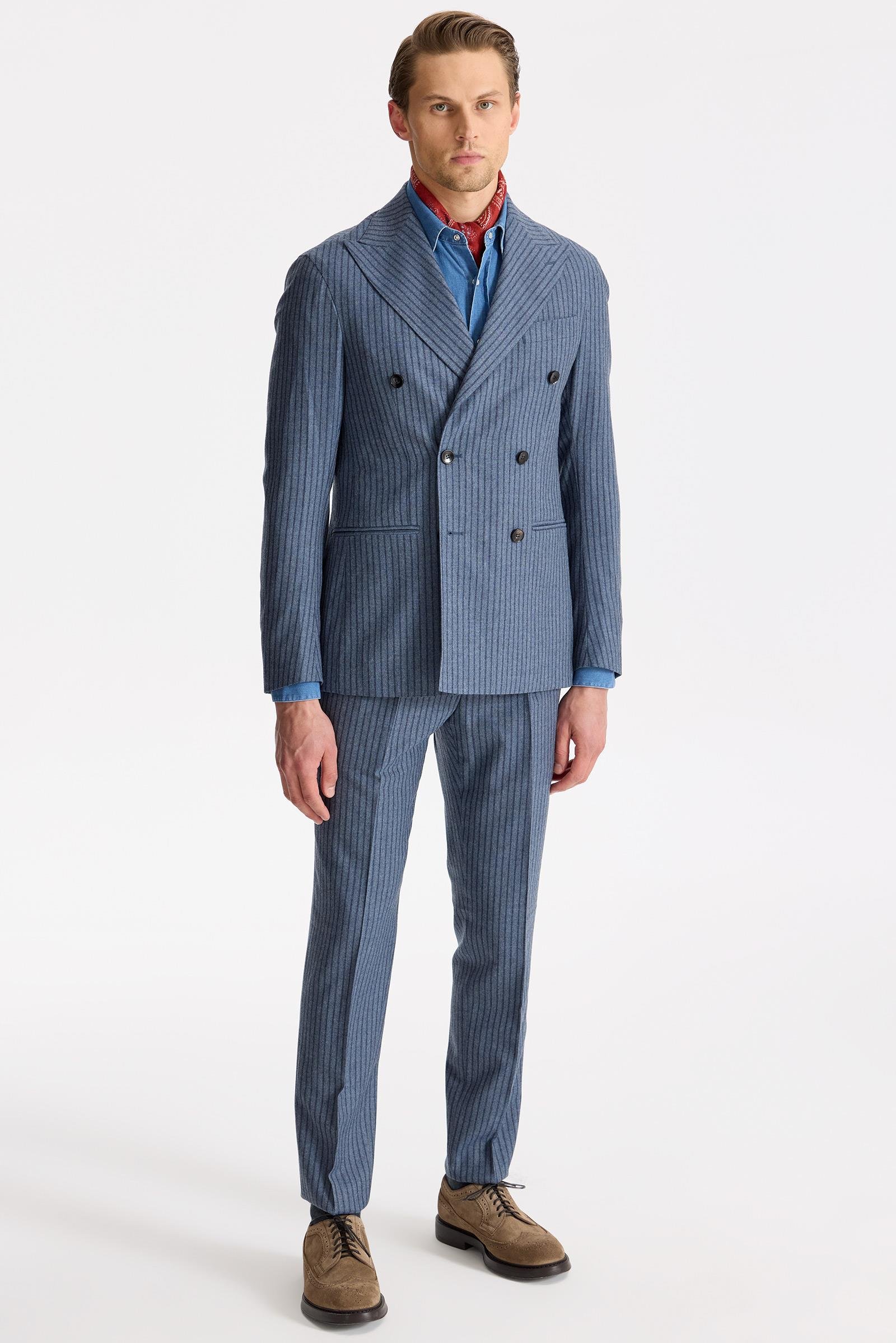 Mavi Çizgili Kruvaze Yün Takım Elbise