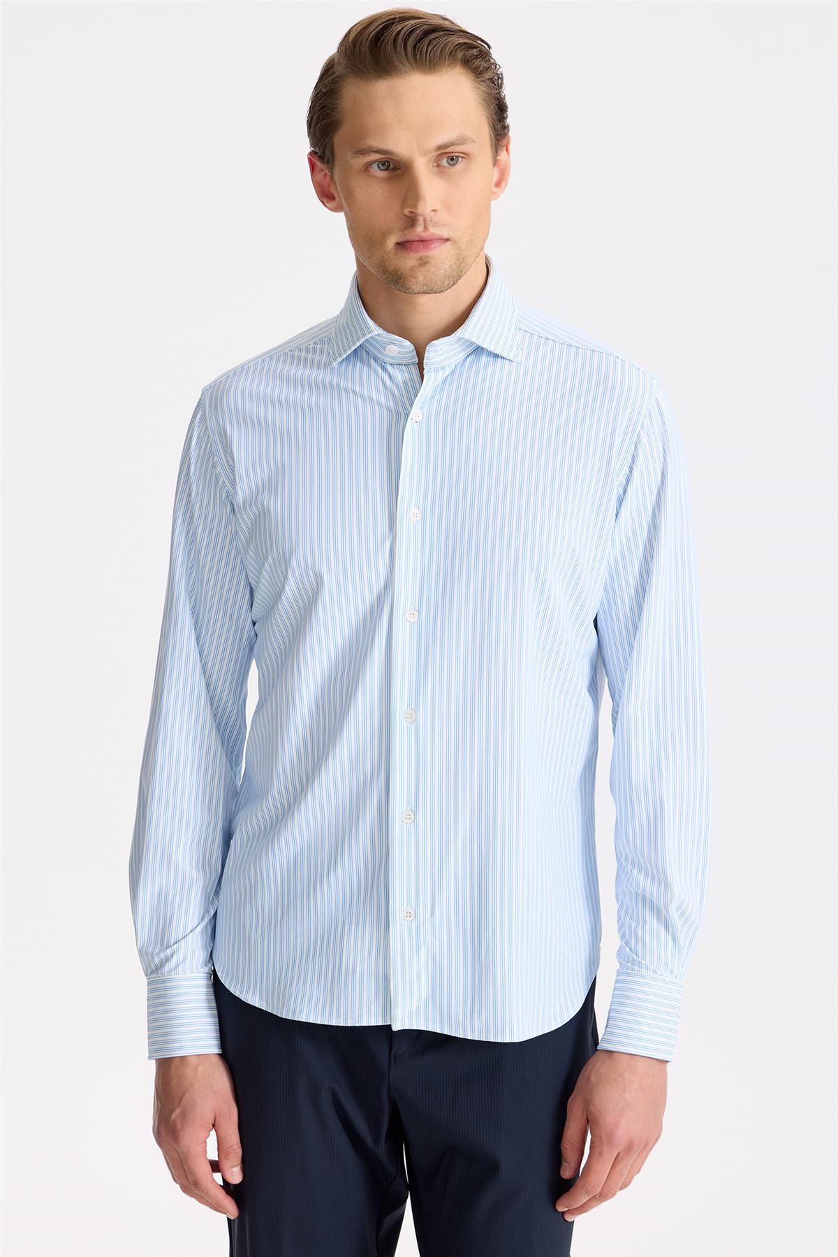 Mavi Çizgili Teknik Kumaş Gömlek