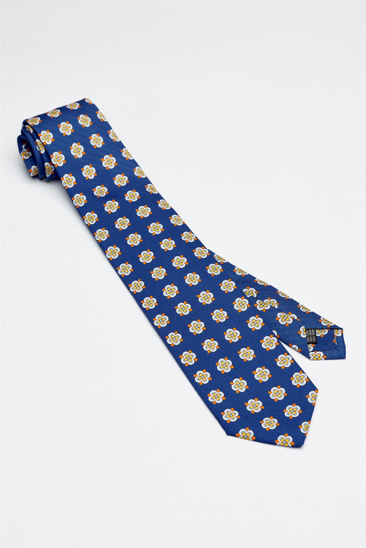 Mavi Sarı Napoli  Desen Seven Fold İpek Kravat