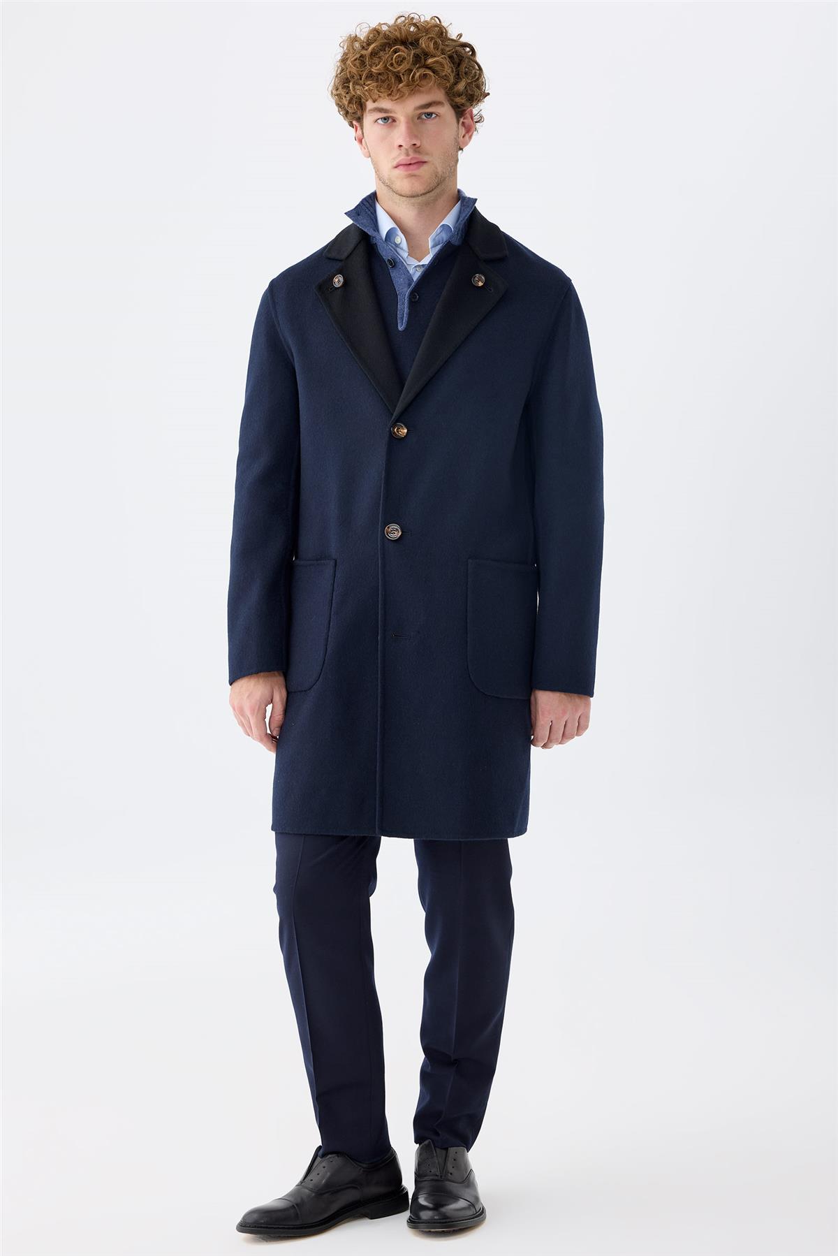 Siyah Lacivert Çift Taraflı Kaşmir Kaban