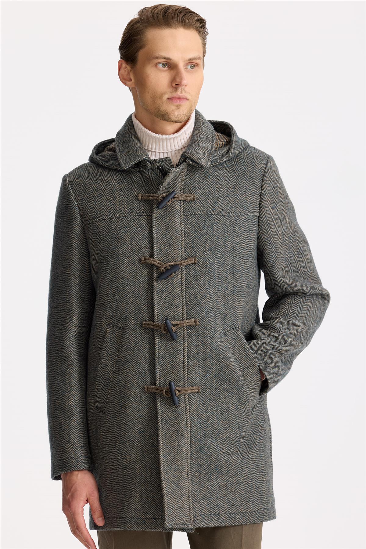 Yeşil Kapüşonlu Yün Kaban