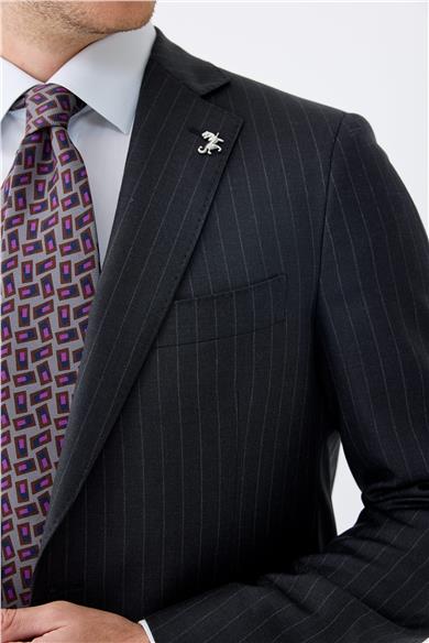 Antrasit Gri Çizgili Yün Takım Elbise 