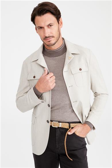 Bej Balık Sırtı Sahariana Yün Ceket