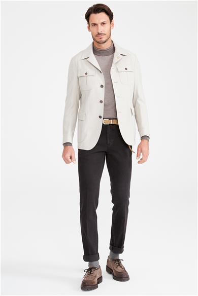 Bej Balık Sırtı Sahariana Yün Ceket