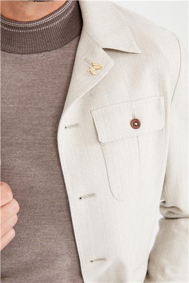 Bej Balık Sırtı Sahariana Yün Ceket