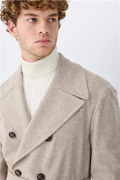 Bej Balıksırtı Kruvaze Yün Palto