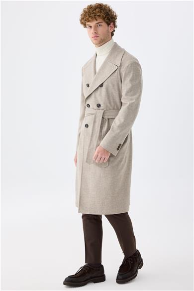 Bej Balıksırtı Kruvaze Yün Palto