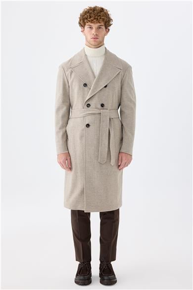 Bej Balıksırtı Kruvaze Yün Palto