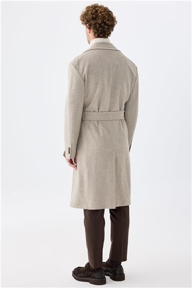 Bej Balıksırtı Kruvaze Yün Palto