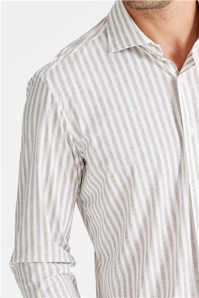 Bej Çizgili Teknik Kumaş Gömlek