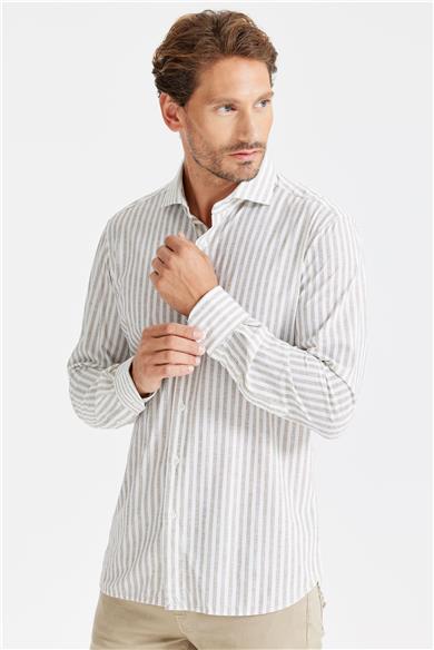 Bej Çizgili Teknik Kumaş Gömlek