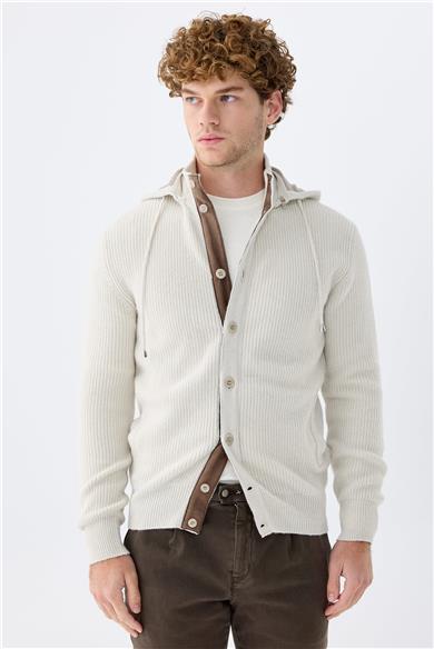 Bej Kapüşonlu Kaşmir Hırka