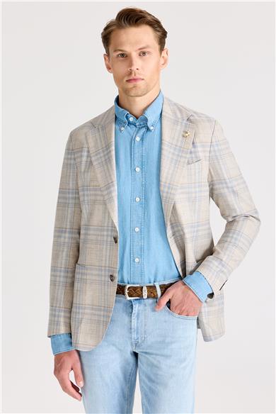 Bej Mavi Yün İpek Keten Ceket