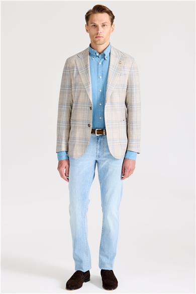 Bej Mavi Yün İpek Keten Ceket