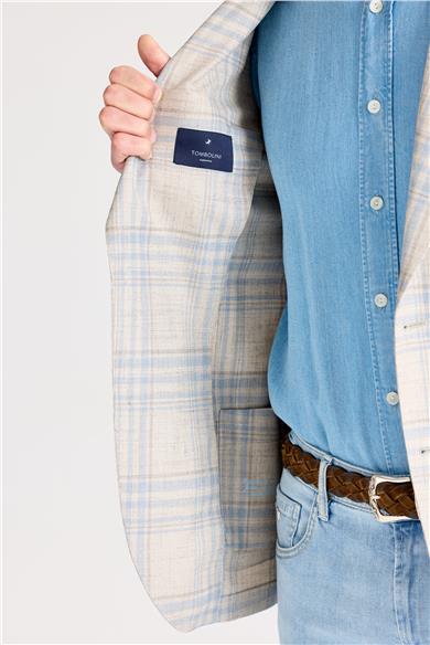 Bej Mavi Yün İpek Keten Ceket