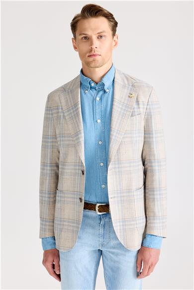 Bej Mavi Yün İpek Keten Ceket