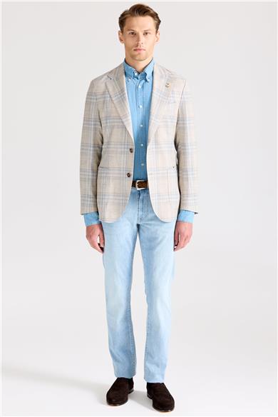 Bej Mavi Yün İpek Keten Ceket