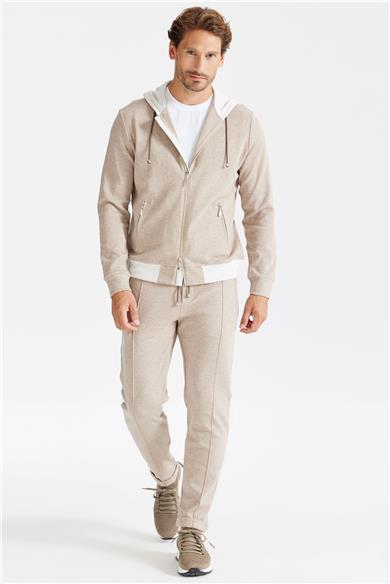 Bej Pamuk Kapüşonlu Eşofman Takımı