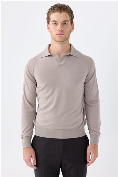 Bej Polo Yaka Yün İpek Kaşmir Triko
