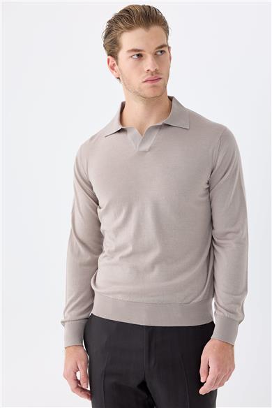 Bej Polo Yaka Yün İpek Kaşmir Triko