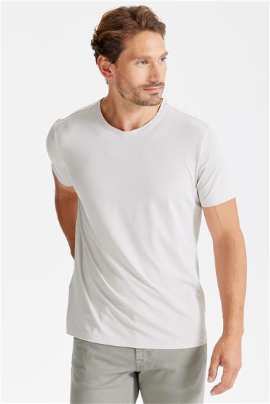 Bej Sıfır Yaka Oxford Teknik Kumaş T-shirt