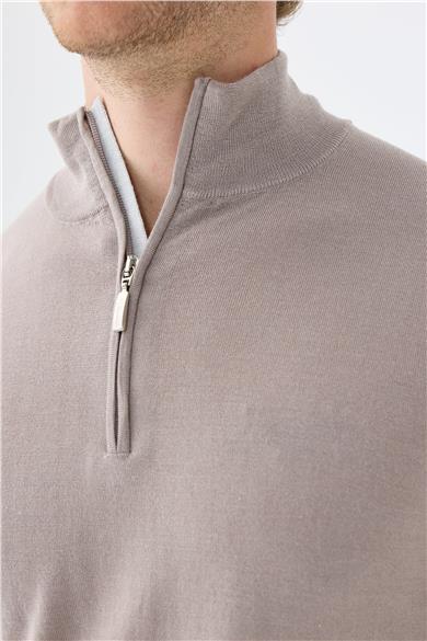 Bej Trio Yaka Yün İpek Kaşmir Triko