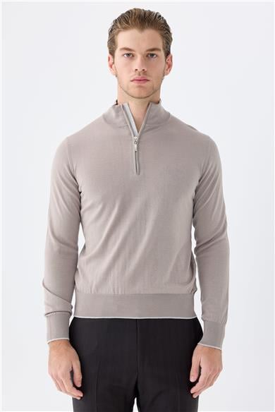 Bej Trio Yaka Yün İpek Kaşmir Triko