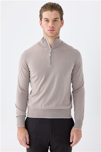 Bej Trio Yaka Yün İpek Kaşmir Triko