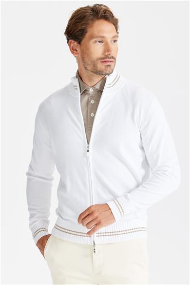 Beyaz Fermuarlı Pamuk Hırka