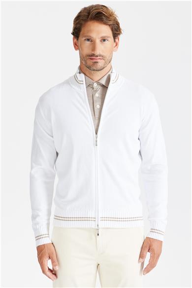 Beyaz Fermuarlı Pamuk Hırka