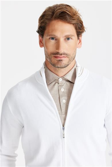 Beyaz Fermuarlı Pamuk Hırka