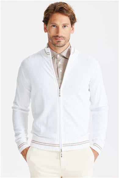 Beyaz Fermuarlı Pamuk Hırka