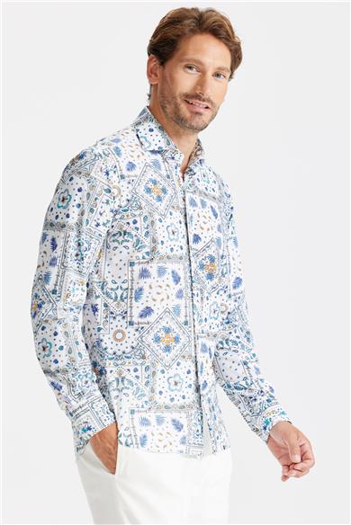 Beyaz Mavi Karma Desen Teknik Kumaş Gömlek