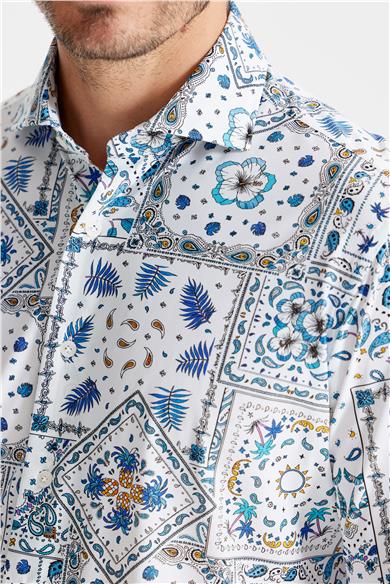 Beyaz Mavi Karma Desen Teknik Kumaş Gömlek