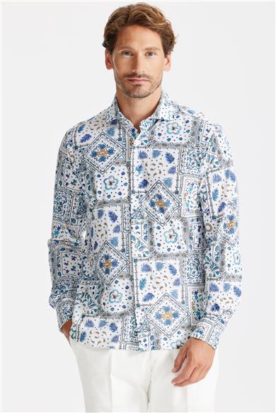 Beyaz Mavi Karma Desen Teknik Kumaş Gömlek