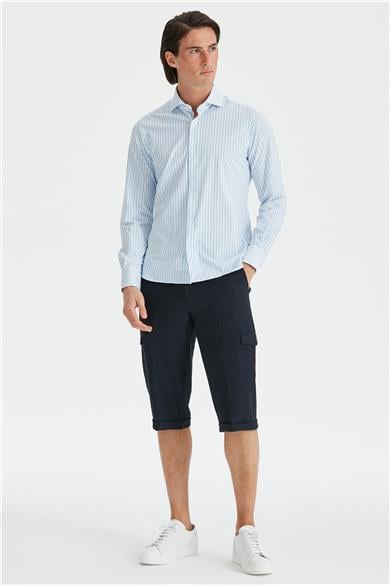 Beyaz Mavi Renk Çizgili Teknik Gömlek