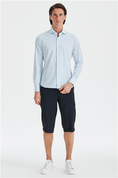 Beyaz Mavi Renk Çizgili Teknik Gömlek