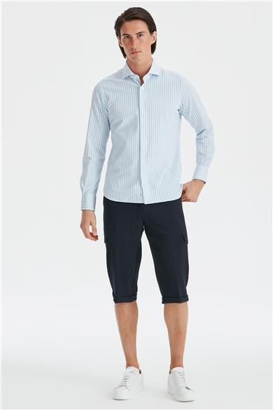 Beyaz Mavi Renk Çizgili Teknik Gömlek